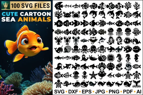 Download 100 Cute Cartoon Sea Animals SVG Designs - Sign Collection