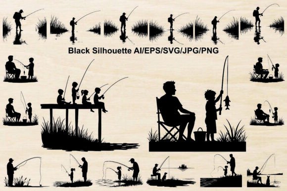Download Set of Father and Son Fishing Silhouette - Silhouette Collection