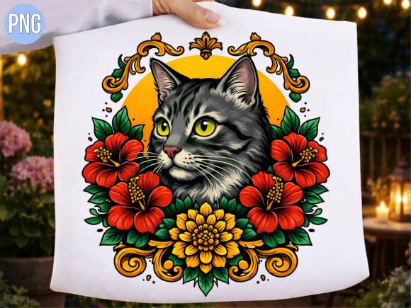 Download Vintage Floral Tabby Cat Head Design PNG - Sign Collection