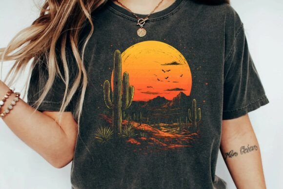 Download Vintage Desert Sunset Cactus Mountain Retro Graphic T-Shirt Design Png - Sign Collection
