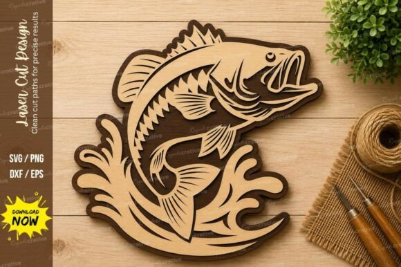 Download Jumping Bass Fish Laser Cut SVG Design - Sign Collection